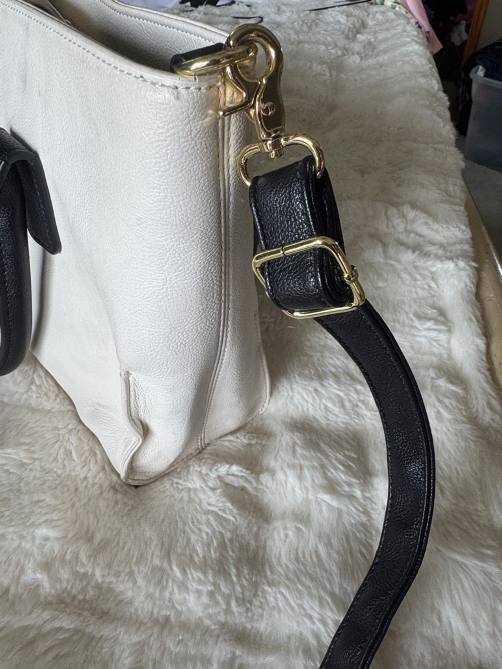 Betsy Johnson Cream and Black Striped Tote with Gold Bow Accent - Picture 3 of 9